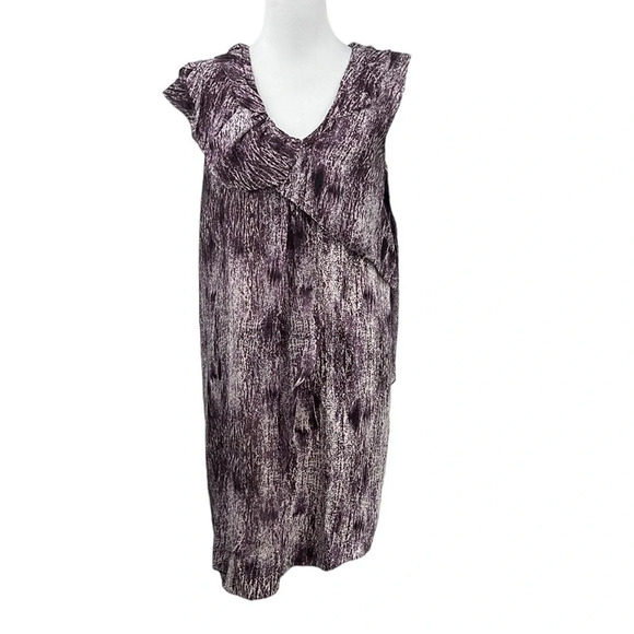 Tony Cohen Dress Womens Medium 6 Purple Printed Ruffled Sleeveless V Neck‎ Silk - Picture 1 of 13